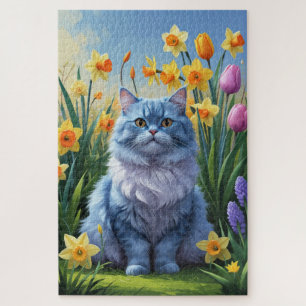 Oriental Blue Cat Spring Flowers Painting Jigsaw Puzzle
