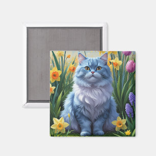 Oriental Blue Cat Spring Flowers Painting  Magnet