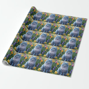 Oriental Blue Cat Spring Flowers Painting Wrapping Paper