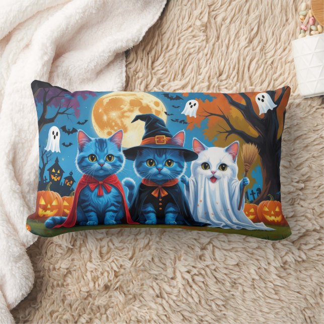Oriental Blue Cats Pumpkin Halloween Funny Lumbar Pillow (Blanket)