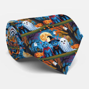 Oriental Blue Cats Pumpkin Halloween Funny Neck Tie