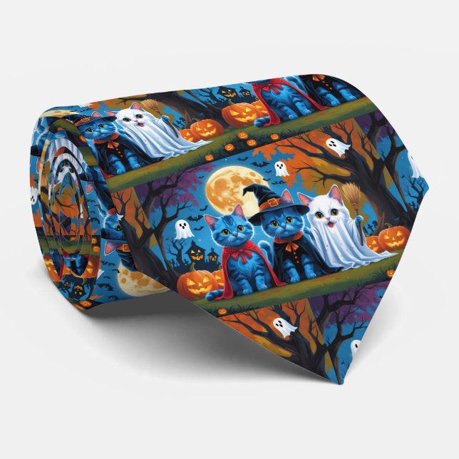 Oriental Blue Cats Pumpkin Halloween Funny Neck Tie (Rolled)