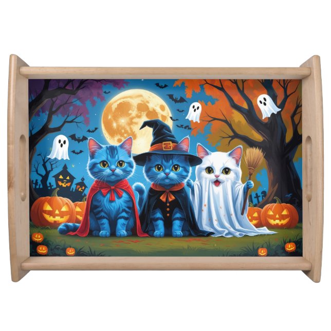 Oriental Blue Cats Pumpkin Halloween Funny Serving Tray (Front)