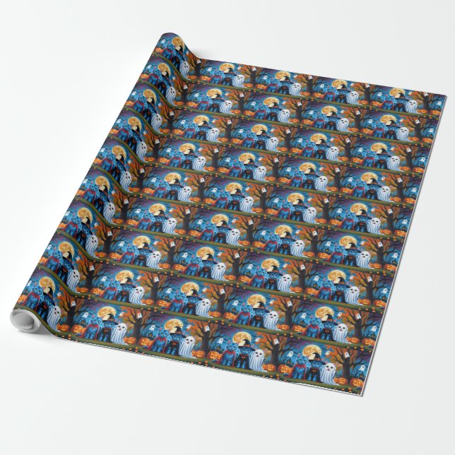 Oriental Blue Cats Pumpkin Halloween Funny Wrapping Paper (Unrolled)