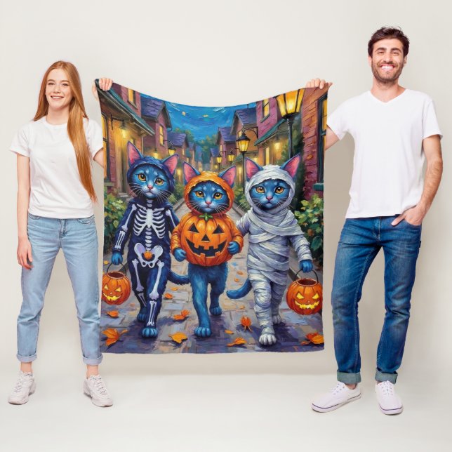 Oriental Blue Cats Trick-or-Treating Halloween  Fleece Blanket (In Situ)