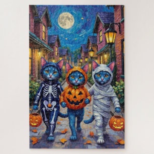 Oriental Blue Cats Trick-or-Treating Halloween Jigsaw Puzzle