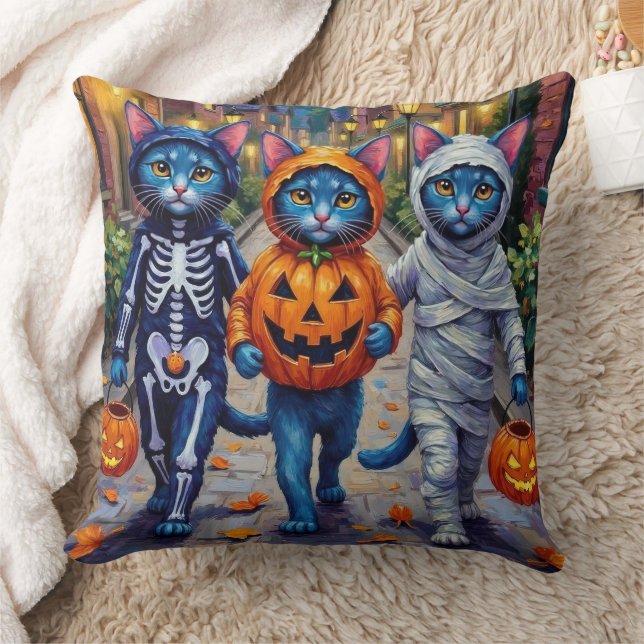Oriental Blue Cats Trick-or-Treating Halloween  Throw Pillow (Blanket)