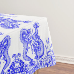 Oriental Blue Dragon Chinese Fire & Water Pattern Tablecloth