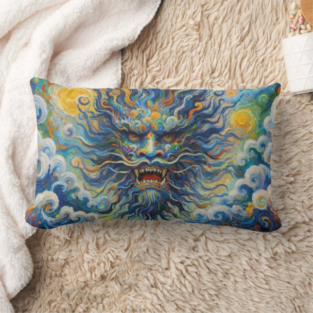 Oriental blue dragon Van Gogh clouds mashup Lumbar Pillow (Blanket)