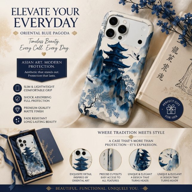 Oriental Blue Floral Pagoda Aesthetic iPhone Case (Creator Uploaded)