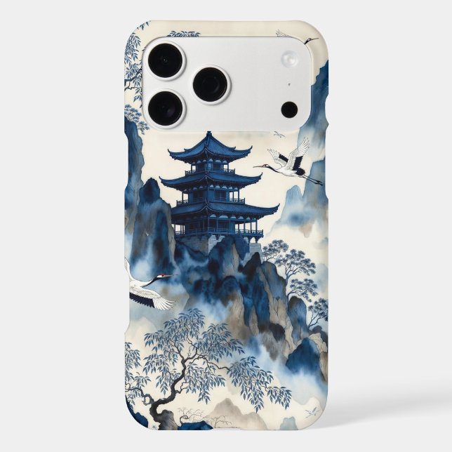 Oriental Blue Floral Pagoda Aesthetic iPhone Case (Back)