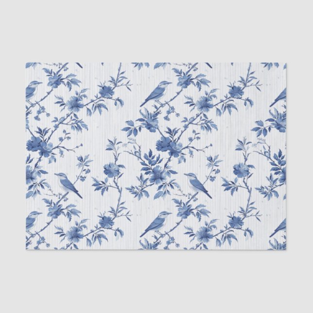 Oriental Blue Floral with Birds and Pinstripes Tissue Paper (Front)