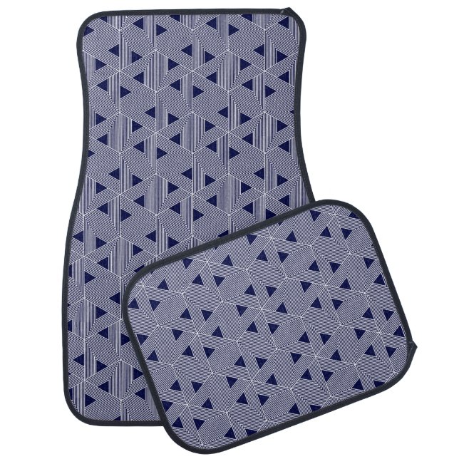 Oriental Blue Navy Japan Triangle Geometric Art Car Floor Mat (Set)