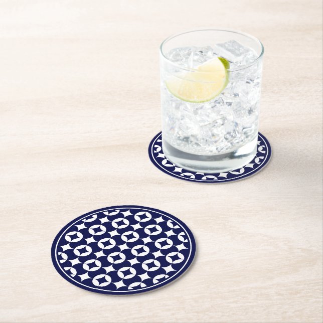 Oriental Blue Overlapping Circles Shippo Geometric Round Paper Coaster (Insitu)