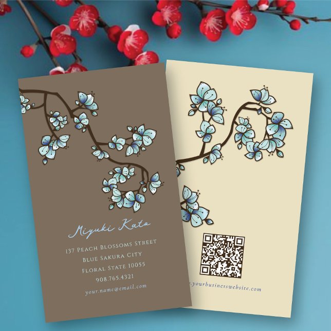 Oriental Blue Peach Blossoms Elegant Chic Sakura Business Card (Oriental Blue Peach Blossoms Elegant Chic Sakura Spring Flowers Business/Profile Card @ fat_fa_tin)