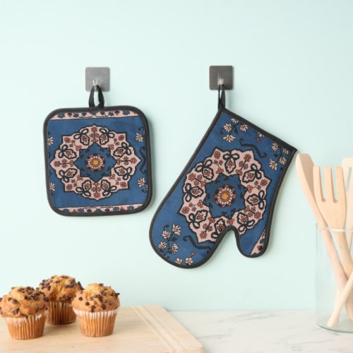 Oriental Blue Persian Turkish Carpet Pattern Oven Mitt  Pot Holder Set
