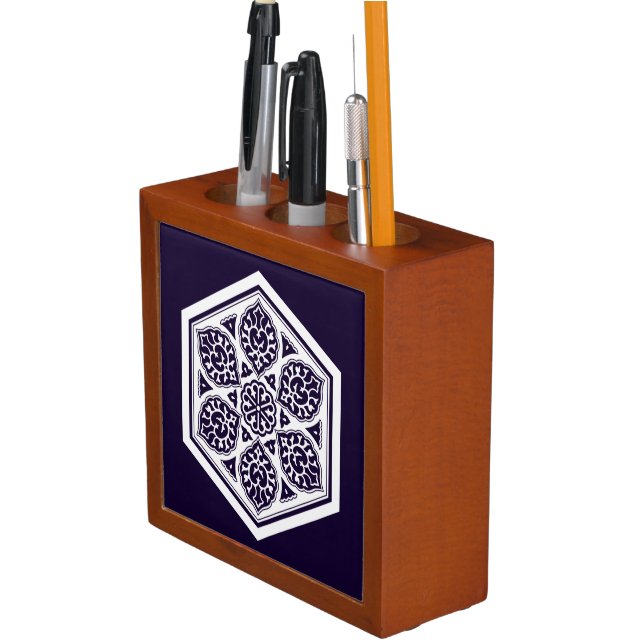 Oriental Blue Turkish Rosette Geometric Art Desk Organizer (In Situ)