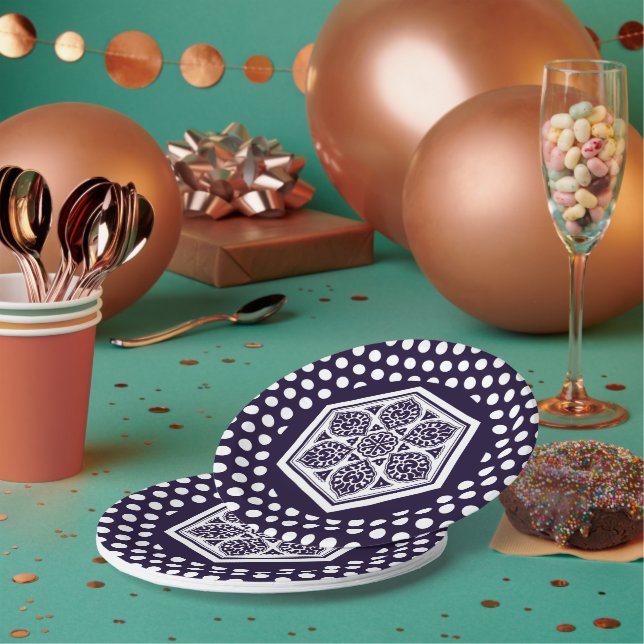 Oriental Blue Turkish Rosette Geometric Art Paper Plates (Multi)