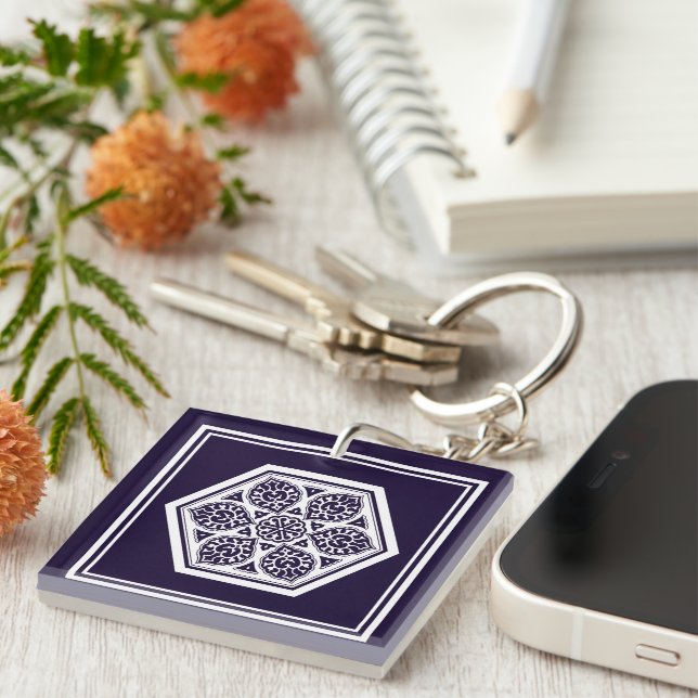 Oriental Blue Turkish Rosette Geometric Vector Art Keychain (Front Right)