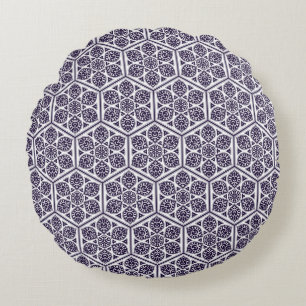 Oriental Blue Turkish Rosette Geometric Vector Art Round Pillow