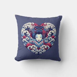 Oriental blue violet abstract Geisha waves heart Throw Pillow