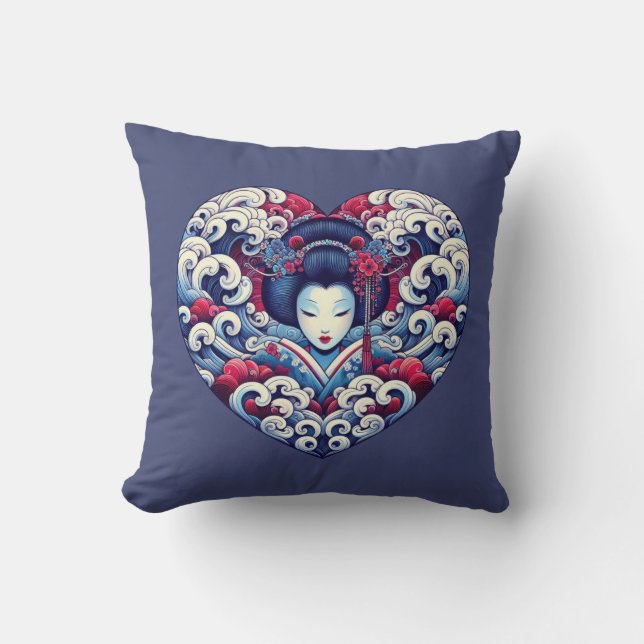 Oriental blue violet abstract Geisha waves heart Throw Pillow (Front)
