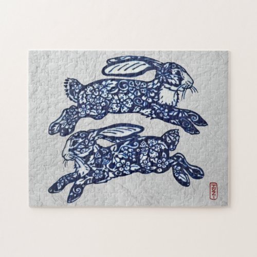 Oriental Blue  White Bunny Rabbit Floral Pattern Jigsaw Puzzle