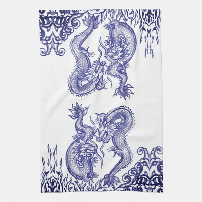 Oriental Blue White Dragon Chinese Fire & Water Kitchen Towel (Vertical)