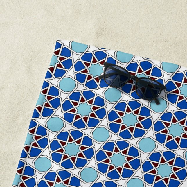 Oriental Blue White Geometric Moroccan Pattern Beach Towel (In Situ)