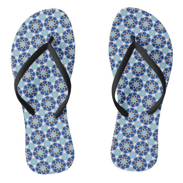 Oriental Blue White Moroccan Geometric Pattern Flip Flops (Footbed)