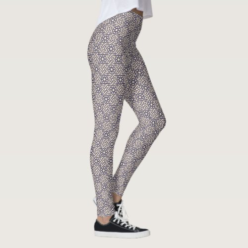 Oriental Blue White Moroccan Geometric Pattern Leggings