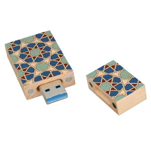 Oriental Blue White Moroccan Geometric Pattern Wood Flash Drive