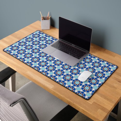 Oriental Blue White Moroccan Geometric Vector Art Desk Mat