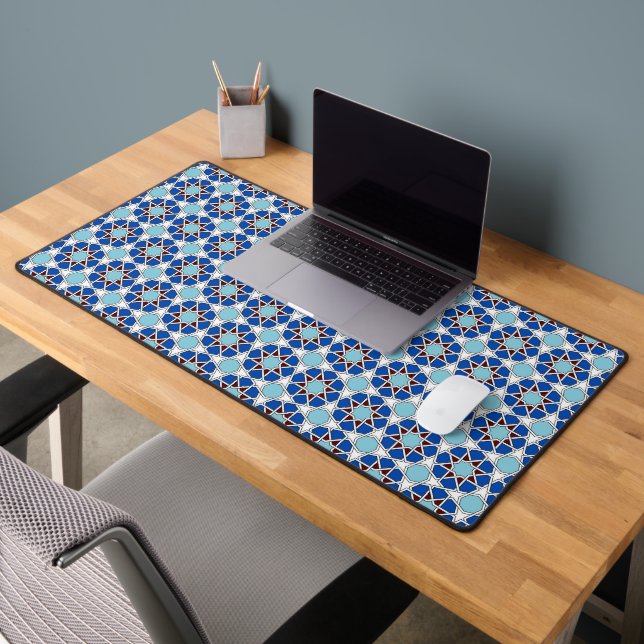 Oriental Blue White Moroccan Geometric Vector Art Desk Mat (Office 2)