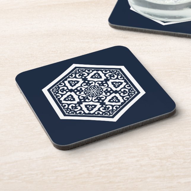 Oriental Blue White Ottoman Turkish Tracery Art Beverage Coaster (Left Side)