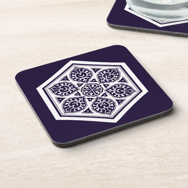 Oriental Blue White Ottoman Turkish Tracery Art Beverage Coaster (Left Side)