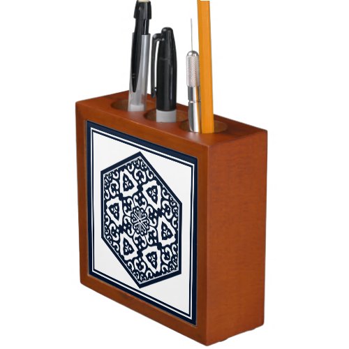 Oriental Blue White Ottoman Turkish Tracery Art Desk Organizer