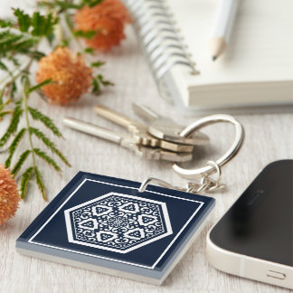 Oriental Blue White Ottoman Turkish Tracery Art Keychain