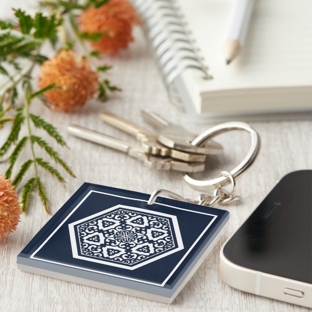 Oriental Blue White Ottoman Turkish Tracery Art Keychain (Front Right)