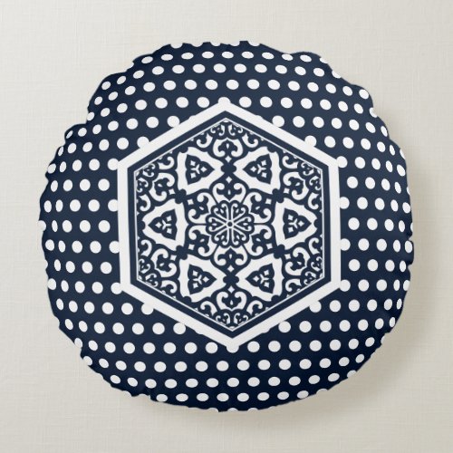 Oriental Blue White Ottoman Turkish Tracery Art Round Pillow