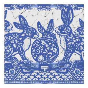 Oriental Blue White Rabbits Chinoiserie Floral Fun Faux Canvas Print