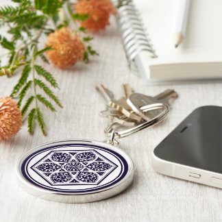 Oriental Blue White Turkish Rosette Geometric Art Keychain