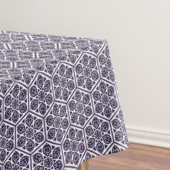 Oriental Blue White Turkish Rosette Geometric Art Tablecloth (In Situ)