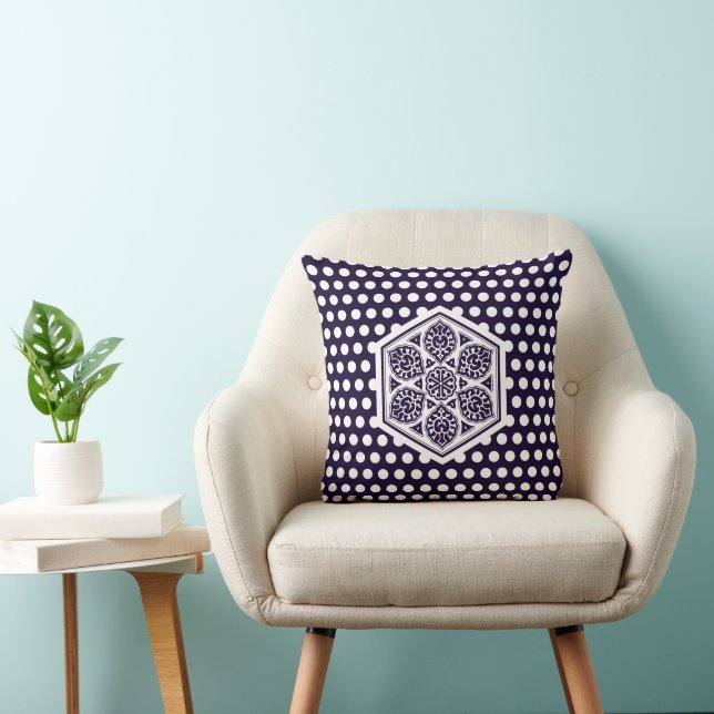 Oriental Blue White Turkish Rosette Geometric Art Throw Pillow (Chair)