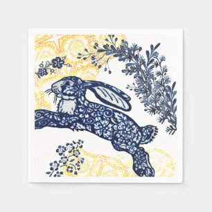 Oriental Blue White Yellow Rabbit Chinoiserie Napkins