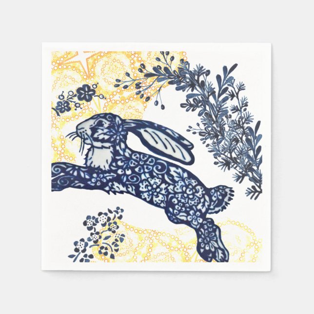 Oriental Blue White Yellow Rabbit Chinoiserie Napkins (Front)