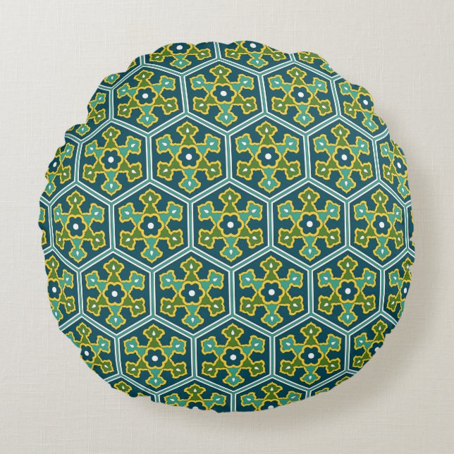 Oriental Blue Yellow Green Ottoman Turkish Hexagon Round Pillow (Front)