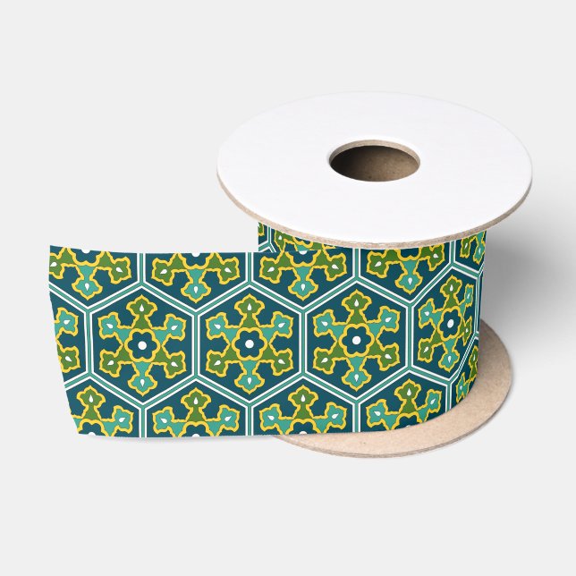 Oriental Blue Yellow Green Ottoman Turkish Hexagon Satin Ribbon (Spool)
