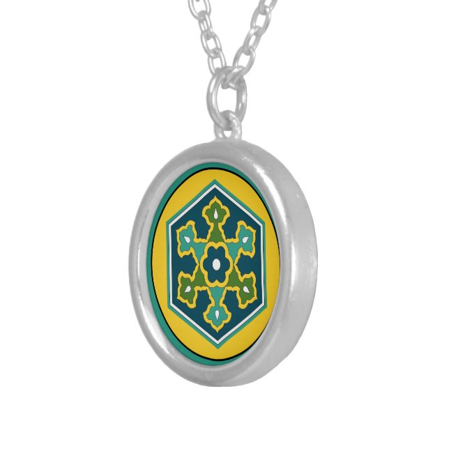 Oriental Blue Yellow Green Ottoman Turkish Hexagon Silver Plated Necklace (Front Right)