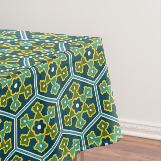 Oriental Blue Yellow Green Ottoman Turkish Hexagon Tablecloth (In Situ)